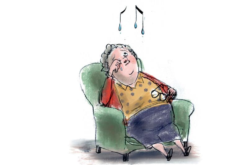 tegning af kvinde i lænestol, som tørrer øjnene